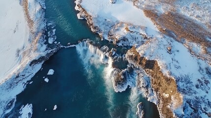Obraz premium Aerial view of a waterfall cascading into a river surrounded by snow-covered landscape.