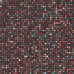 Seamless background pattern featuring various geometric shapes in multiple colors with muted earth tones and a deep background. Energetic vector illustration.