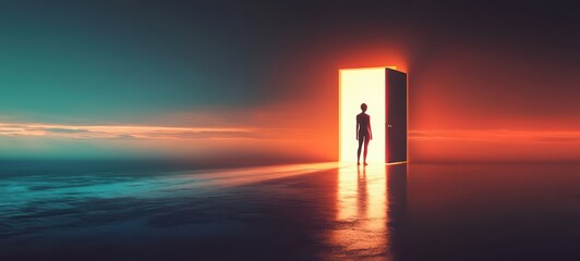 An illustration of a person standing in front of a door, half-open, with light streaming through, representing the choice to move forward or remain stuck in past regrets