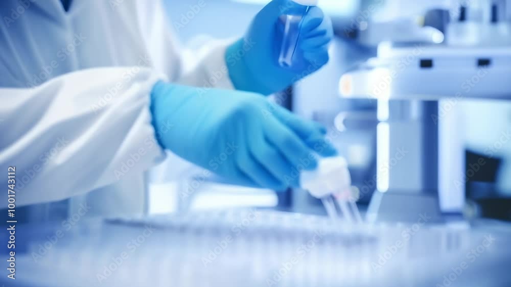 Poster scientist wearing a lab coat and blue gloves is carefully pipetting liquid into a microtiter plate f