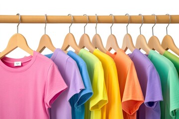 Fototapeta premium Close up a collection of pastel color t-shirts hanging on a wooden clothes hanger in closet or clothing rack over white background, with generative ai
