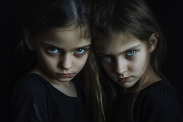 Two young girls with long hair and dark clothing are standing next to each other. They have a serious and intense look on their faces