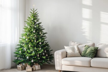 Fototapeta premium Festive Christmas Tree Decoration in Modern Minimalist Living Room