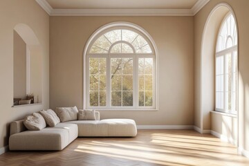 Modern Scandinavian Living Room Interior Design with Arch Window and Contemporary Furniture