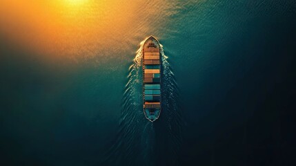 An aerial view of a cargo ship sailing on the water at sunset.