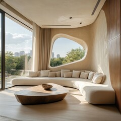 Modern Minimalist Living Room Design with Panoramic Window View