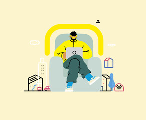Creative workspace, modern flat vector concept illustration of a man working sitting on the armchair with a computer Remote work, flexibility, independence, efficiency, mobility, synergy, freedom