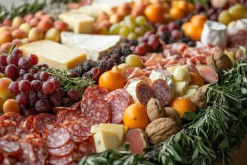 charcuterie presentation, arranging a charcuterie board with various cheeses, meats, fruits, and nuts for an elegant display