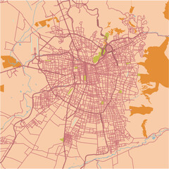 Map of Santiago in Chile in a sandy theme. Contains layered vector with roads water, parks, etc.
