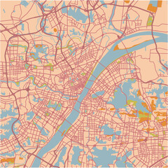 Map of Wuhan in China in a sandy theme. Contains layered vector with roads water, parks, etc.