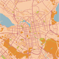 Map of Yekaterinburg in Russia in a sandy theme. Contains layered vector with roads water, parks, etc.
