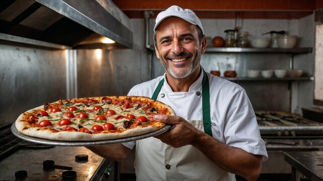 Smiling Italian pizza maker with a tasty authentic Italian pizza - Powered by Adobe