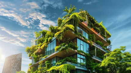 Innovative sustainable buildings with green technology and design, emphasizing eco-friendly features