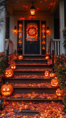 Fototapeta premium Spooky Halloween porch with pumpkins and lights.