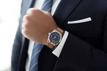 Close up of a Man Wearing a Black suite with decent watch in hand | Business man with generative ai