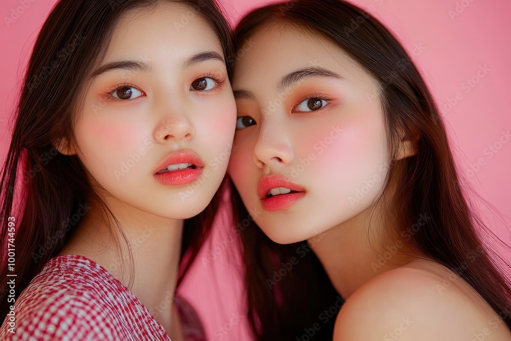 Canvas Prints Close up portrait beauty shot of two young beautiful Asian girls looking at camera isolated on pink background. with generative ai