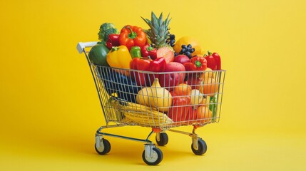 Shopping cart filled with fresh fruits and vegetables on a yellow background