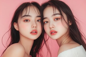 Close up portrait beauty shot of two young beautiful Asian girls looking at camera isolated on pink background. with generative ai