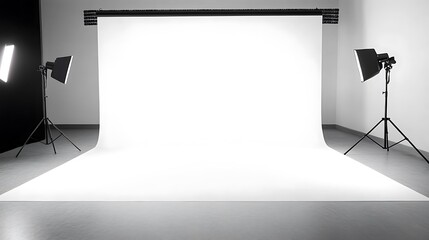 A white backdrop in a studio with two lighting equipment.