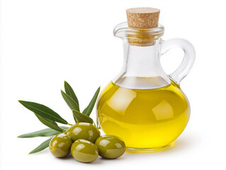 Fresh Olive Oil in Glass Jug with Green Olives and Leaves on White Background