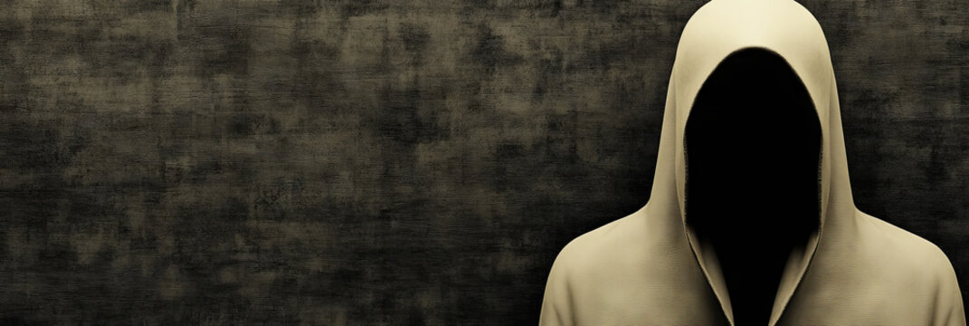 A mysterious figure in a hooded cloak stands against a dark background.