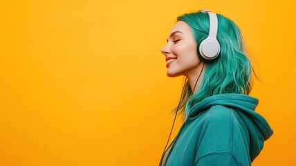 Close up side view young fun happy woman with dyed green hair wearing hoody casual clothes listen to music in headphones isolated on plain yellow orange background studio portrait. with generative ai