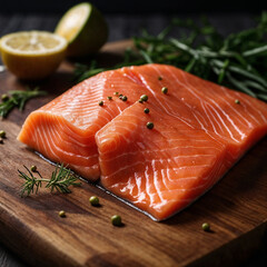 Fresh Salmon fish fillet on a wooden cutting board / White background