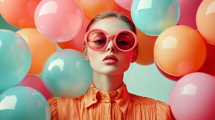 Fashion model in colorful balloons wearing oversized sunglasses