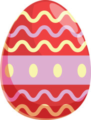 Red easter egg decorated with wavy stripes and dots, isolated on a white background