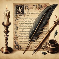feather, pen, paper