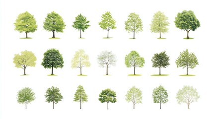 Fototapeta premium Collection of 18 different green trees isolated on white background.