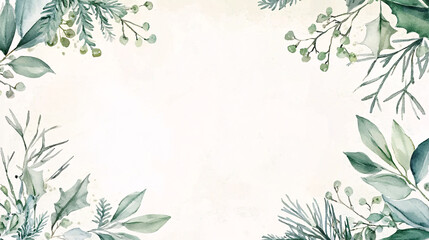 Watercolor Illustration of Green Leaves and Red Berries Holiday Border with Light Background, Festive Seasonal Design