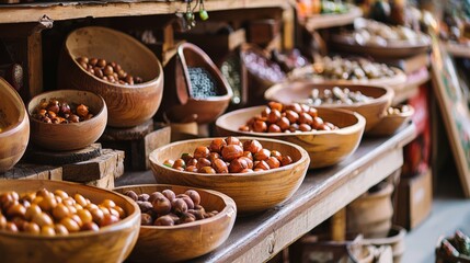 Fototapeta premium Wooden bowls filled with nuts and seeds at a traditional market