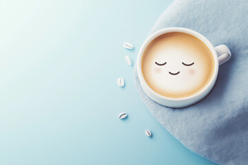 Even coffee needs a break. A coffee cup sleeping on a blue background with space left for copying text