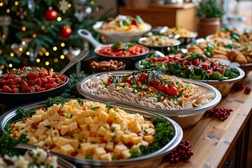 A beautifully arranged buffet features an array of colorful dishes, including fruits, salads, and cheeses, set up for a festive holiday gathering. Soft lights and decorations create a warm atmosphere