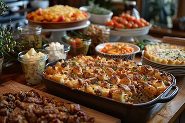 A vibrant display of an array of homemade dishes fills the table, showcasing casseroles, salads,...