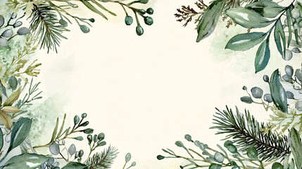 Watercolor Illustration of Green Leaves and Red Berries Holiday Border with Light Background, Festive Seasonal Design