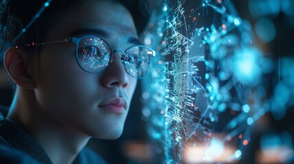 data scientist engages with advanced algorithms presented on a holographic display delving into intricate machine learning processes within a cutting edge laboratory environment.