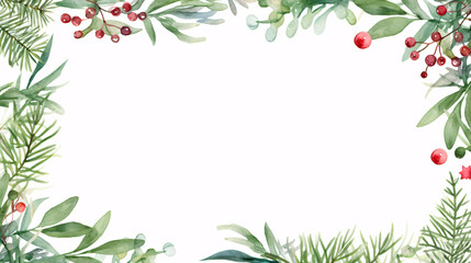 Watercolor Illustration of Green Leaves and Red Berries Holiday Border with Light Background, Festive Seasonal Design
