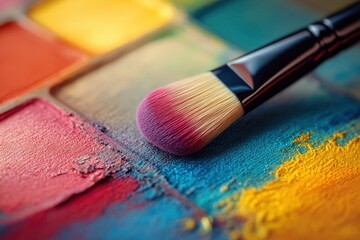 Fototapeta premium Close up view of eye make up brush on colorful pallet with generative ai