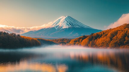 Majestic Mount Fuji with a serene lake and mist at sunrise.