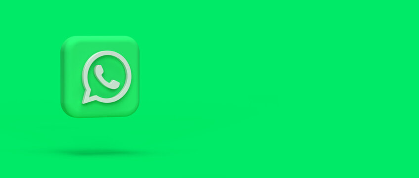 WhatsApp messenger icon and cube, box. 3d render on the topic of social networks, communication, the Internet, and messages. Minimal, modern style. Green background.