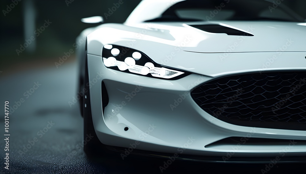 Wall mural Radiant white car headlights piercing the darkness in a stunning close-up view