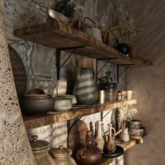Interior of rustic kitchen with wooden shelves and vases. 3d render