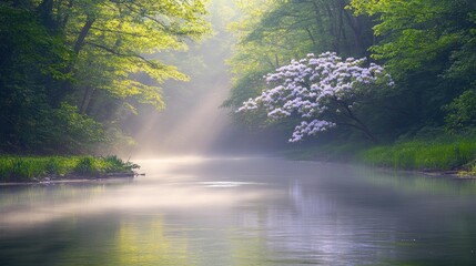 Fototapeta premium Misty morning sunlight streams through a lush green forest with a blooming tree reflected in the river.