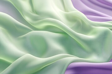 Obraz premium Close-up abstract texture green color fabric cloth textile on lilac background, silk wavy material, satin waves, soft folds waves on the fabric.with generative ai