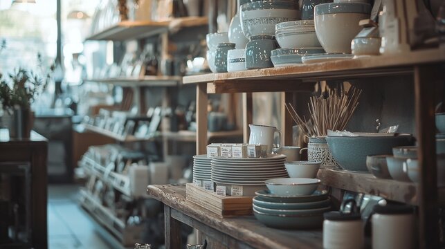 Cozy shop interior with plates and bowls displayed on wooden shelves