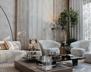 Luxury living room interior design with beige wallsle floor, white sofas and black coffee tables. 3d render