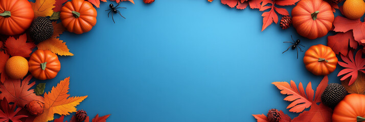 Fototapeta premium Pumpkins and autumn leaves on a blue background.