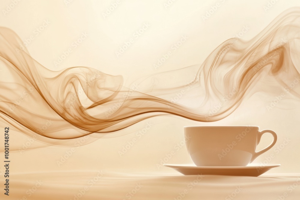 Poster Abstract steam swirls gracefully from an unseen coffee cup, creating an inviting atmosphere in a serene setting. Generative AI